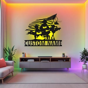 Custom US Soldier Metal Wall Art With LED Light, Personalized Soldier Name Sign Decoration For Room, Soldier Metal LED Decor, Custom Soldier