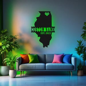 Decorazione murale in metallo con mappa dell'Illinois personalizzata con luce a LED, decorazione personalizzata con nome dello stato dell'Illinois per la stanza, decorazione in metallo a LED "Born In Illinois"