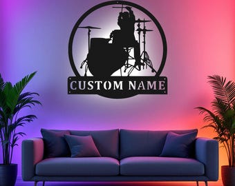 Benutzerdefinierte Schlagzeuger Metall Wandkunst mit LED-Licht, personalisierte Schlagzeuger Name Zeichen Dekoration für Zimmer, Schlagzeuger Metall Wohnkultur, kundenspezifischer Schlagzeuger