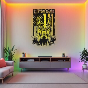 Benutzerdefinierte US Deer Outdoor Metallwandkunst mit LED-Licht V2, personalisierte Deer Hunter Name Schild Dekoration für Zimmer, Hirschjagd Metall LED Dekor