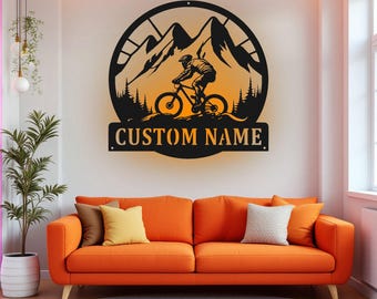 Custom Mountain Bike Metal Wall Art With LED Light, Personalized Mountain Biker Name Sign Decoration For Room, Mountain Bike Metal LED Decor