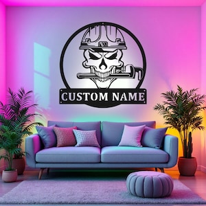 Custom Skull Plumber Metal Wall Art With LED Light, Personalized Plumber Name Sign Decoration For Room, Plumbing Metal Home Decor, Plumber