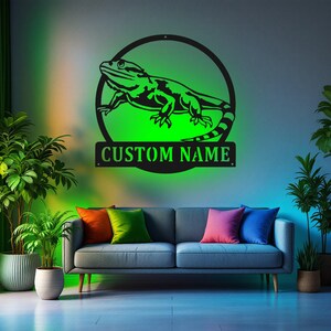 Custom Bearded Dragon Metal Wall Art With LED Light, Personalized Bearded Dragon Name Sign Decoration For Room, Bearded Dragon LED Decor