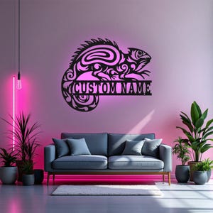 Custom Chameleon Metal Wall Art With LED Light, Personalized Chameleon Name Sign Decoration For Room, Chameleon Metal LED Decor, Chameleon