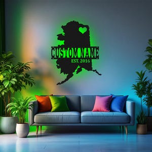 Arte de pared de metal con mapa de Alaska personalizado con luz LED, letrero con el nombre del estado de Alaska personalizado para decoración de habitación, decoración LED de metal con el nombre de Born In Alaska