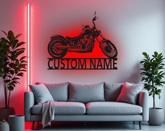 LEDライト付きカスタムバイクメタルウォールアート、パーソナライズされたバイカーネームサイン装飾、バイクメタルLED装飾、カスタムバイク
