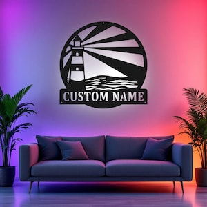 Custom Lighthouse Metal Wall Art With LED Light, Personalized Lighthouse Name Sign Decoration For Room, Lighthouse Metal LED Decor
