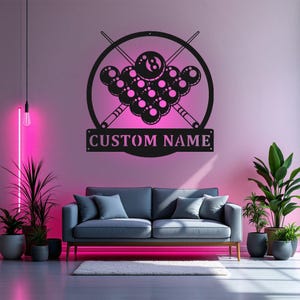 Benutzerdefinierte Billard Metallwandkunst mit LED-Licht, personalisierte Billardraum-Namensschild-Dekoration für Wohnzimmer, Pool-Player-Metall-LED-Dekor