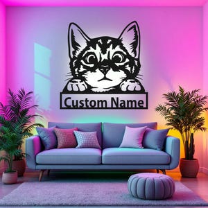 Custom Cute Cat Metal Wall Art With LED Light, Personalized Cat Name Sign Decoration For Room, Cat Metal Home Decor, Custom Cat, Cat Lover