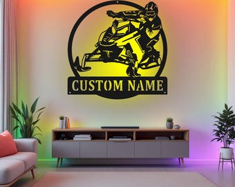 Arte mural metálico personalizado para moto de nieve con luz LED, letrero con nombre personalizado para moto de nieve, decoración para habitación, decoración metálica LED para moto de nieve
