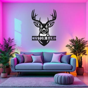 Benutzerdefinierte Kopf Hirsch jagen Metall Wandkunst mit LED-Licht, personalisierte Hirsch Jäger Name Zeichen Dekoration für Zimmer, Hirsch jagen Metall LED Dekor