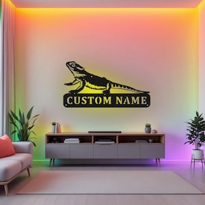 Custom Bearded Dragon Metal Wall Art With LED Light, Personalized Bearded Dragon Name Sign Decoration For Room, Bearded Dragon LED Decor