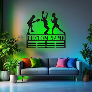 Custom Tennis Female Medal Holder LED Light, Personalized Tennis Player Name Medal Hanger, Tennis Medal Display Awards Sign, Custom Tennis