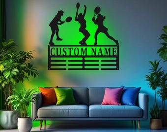 Aangepaste tennis medaille houder dames led-licht, gepersonaliseerde tennisspeler naam medaille hanger, tennismedaille display prijzenbord, custom tennis