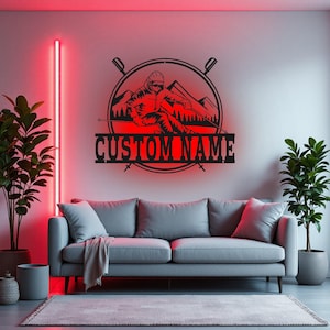 Custom Skiing Name Frame Metal Wall Art With LED Light, Personalized Skier Name Sign Decoration For Room, Skiing Metal LED Decor, Custom Ski
