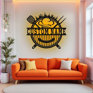 Custom Grill BBQ Metal Wall Art With LED Light, Personalized Grill FamilyName Sign Decoration For Room, Grill Bbq Metal LED Decor