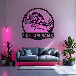 Arte mural metálico de camaleón personalizado con luz LED, letrero con nombre de camaleón personalizado para habitación, decoración LED de metal de camaleón, camaleón