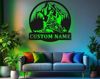 Custom Snowmobile Jump Metal Wall Art With LED Light, Personalized Snowmobiler Name Sign Decoration For Room, Snowmobile Metal Home Decor
