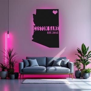 Arte de pared de metal con mapa de Arizona personalizado con luz LED, letrero con el nombre del estado de Arizona personalizado para decoración de habitación, decoración LED de metal con el nombre de Born In Arizona