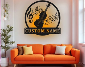 Custom Fiddle Music Metal Wall Art With LED Light, Personalized Fiddle Teacher Name Sign Decoration For Room, Fiddle Metal Home Decor