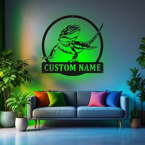 Custom Bearded Dragon Metal Wall Art With LED Light, PersonalizedBearded Dragon Name Sign Decoration For Room,Bearded Dragon Metal LED Decor