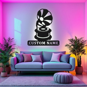 Custom Phonograph Record Metal Wall Art With LED Light, Personalized Record Player Name Sign Decoration For Room, Gramophone Metal LED Decor