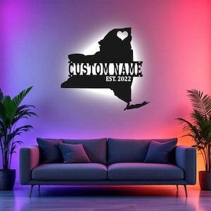 Arte de pared de metal con mapa de Nueva York personalizado con luz LED, letrero con el nombre del estado de Nueva York personalizado para decoración de habitación, decoración LED de Born In New York