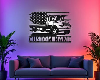 LEDライト付きカスタムUSレッカートラックメタルウォールアート、パーソナライズされたレッカートラック運転手の名前サインデコレーション、レッカートラックメタルLEDデコレーション