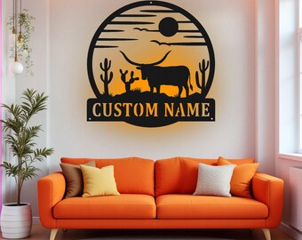 Custom Longhorn Metal Wall Art With LED Light, Personalized Longhorn Name Sign Decoration For Room, Longhorn Metal LED Decor,Custom Longhorn