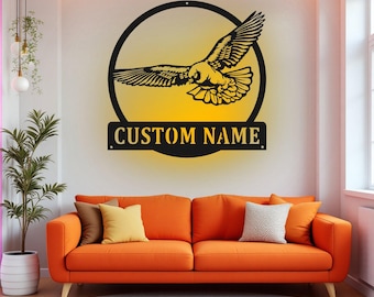 LEDライト付きカスタムピジョンメタルウォールアート、パーソナライズされたピジョンネームサインの部屋の装飾、ピジョンメタルLED装飾、カスタムピジョンサイン
