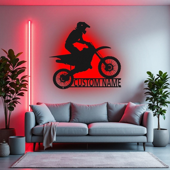 Custom Motocross Dirt Bike Metal Wall Art With LED Light, Personalized Biker Name Sign Decoration For Room, Dirt Bike Metal LED Decor