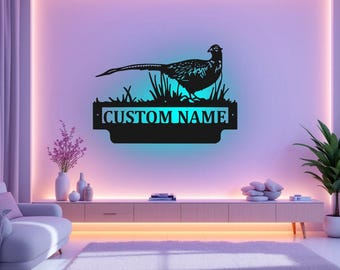 LEDライト付きカスタムフェザントメタルウォールアート、パーソナライズされたフェザントネームサインの部屋の装飾、フェザントのホームデコレーション、カスタムフェザント