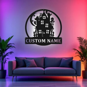 Custom Haunted House Metal Wall Art With LED Light, Personalized Halloween House Name Sign Decoration For Room, Halloween Metal LED Decor