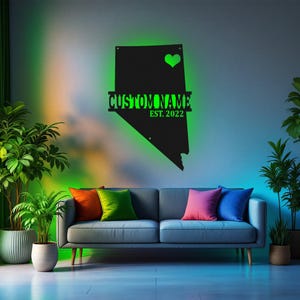 Arte de pared de metal con mapa de Nevada personalizado con luz LED, letrero con el nombre del estado de Nevada personalizado para decoración de habitación, decoración LED de metal con el nombre de Born In Nevada