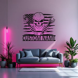 Custom US Skull Mechanic Metal Wall Art With LED Light, Personalized Mechanic Garage Name Sign Decoration For Room, Mechanic Metal LED Decor