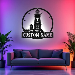 Custom Lighthouse Metal Wall Art With LED Light, Personalized Lighthouse Name Sign Decoration For Room, Lighthouse Metal LED Decor