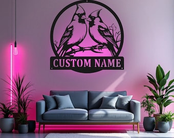 LEDライト付きカスタムカップルカーディナルバードメタルサイン、パーソナライズされたカーディナルバードネームサインデコレーション、カーディナルメタルLEDデコレーション