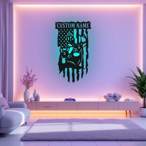 Benutzerdefinierte US Deer Paar Metallwandkunst mit LED-Licht, personalisierte Deer Hunter Name Zeichen Dekoration für Zimmer, US Deer Paar Metall LED Dekor