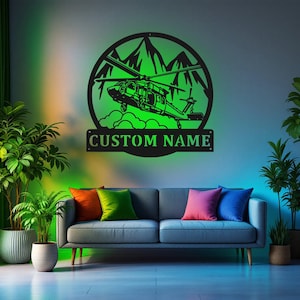 Custom Black Hawk Helicopter Metal Wall Art With LED Light, Personalized Helicopter Name Sign Decoration For Room, Helicopter Home Decor