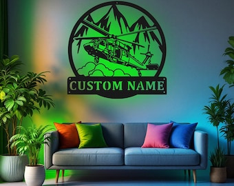 Custom Black Hawk Helicopter Metal Wall Art With LED Light, Personalized Helicopter Name Sign Decoration For Room, Helicopter Home Decor