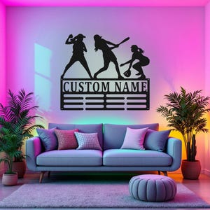 Custom Softball Medal Holder LED Light, Personalized Softball Player Name Medal Hanger, Softball Medal Display Awards Sign, Custom Softball