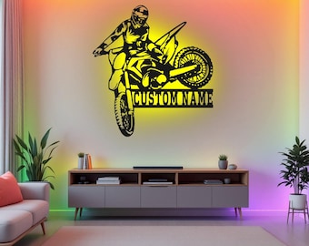 Custom Dirt Bike Metal Wall Art With LED Light, Personalized Biker Name Sign Decoration For Room, Dirt Bike Metal LED Decor, Custom Biker