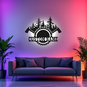 Arte murale in metallo personalizzata con luce LED, cartello con nome personalizzato per boscaiolo, decorazione per la stanza, arredamento per la casa da boscaiolo, boscaiolo