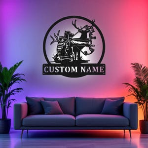 Custom Bow Hunting Metal Wall Art With LED Light, Personalized Bow Hunting Name Sign Decoration For Room, Deer Bow Hunting Metal Home Decor