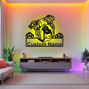 Custom English Bulldog Metal Wall Art With LED Light, Personalized English Bulldog Name Sign Decoration For Dog Room, English Bulldog Decor