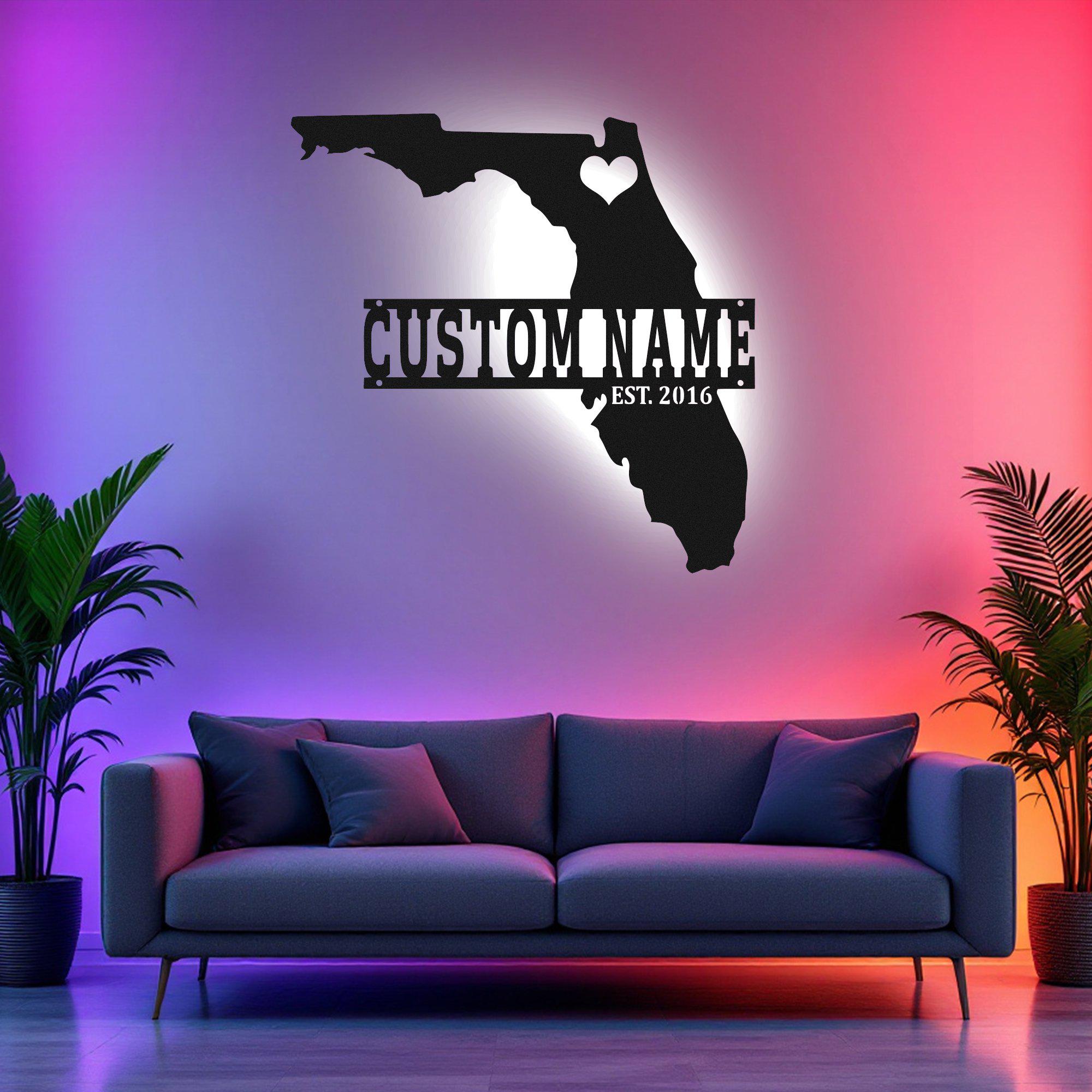 Custom Florida Map Metal Wall Art With Led Light, Personalized Florida ...
