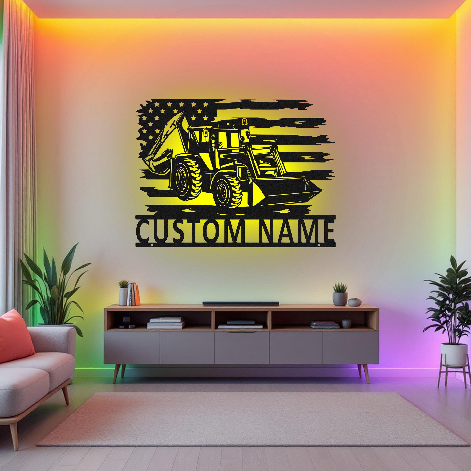 Custom US Backhoe Truck Metal Wall Art LED Light, Personalized Backhoe ...