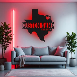 Arte de pared de metal con mapa de Texas personalizado con luz LED, letrero con el nombre del estado de Texas personalizado para decoración de habitación, decoración LED de metal con el nombre de Born In Texas