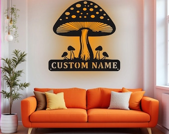 LEDライト付きカスタムマッシュルームメタルウォールアート、パーソナライズされたマッシュルームガーデンネームサインデコレーション、マッシュルームメタルLEDデコレーション