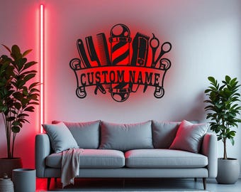 Custom Barber Shop Metal Wall Art With LED Light, Personalized Barber Shop Name Sign Decoration For Room, Barber Shop Metal LED Decor
